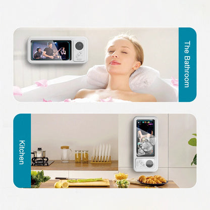 Woman in a bathtub with a video doorbell displaying 'The Bathroom'. Video doorbell also shown in a kitchen setting.