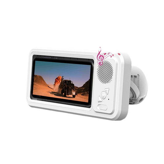 White electronic device with a screen displaying a desert scene on a white background