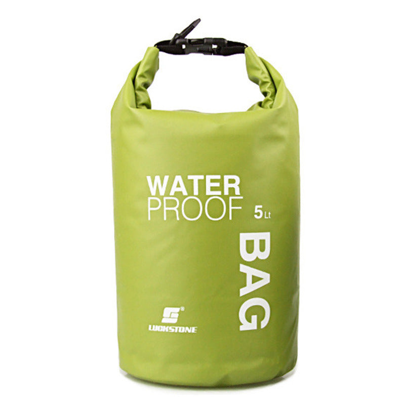 Green waterproof bag with 'Waterproof Bag 5L' text on a white background