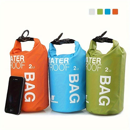 Three waterproof bags in orange, blue, and green with a smartphone for scale on a white background.
