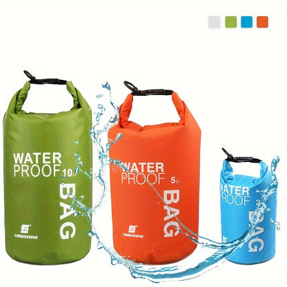 Three waterproof bags in green, orange, and blue with visible brand name on a white background.