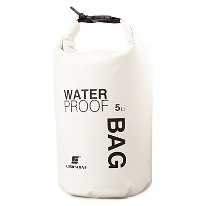 White waterproof bag with black text on a white background