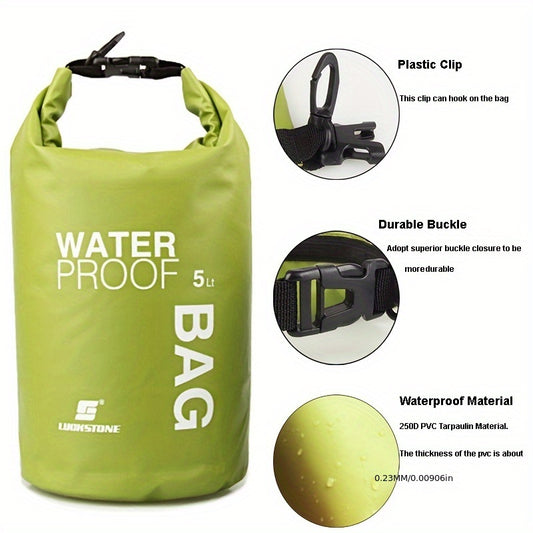 Green waterproof bag with features highlighted on a white background