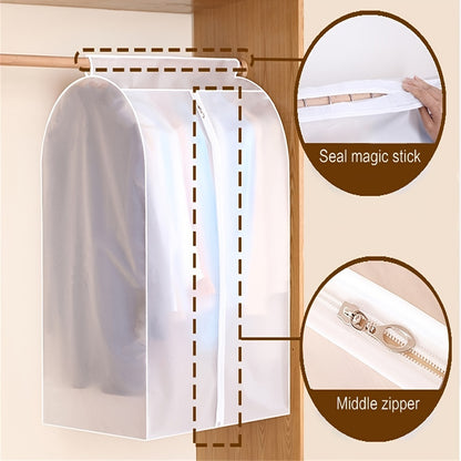 Hanging garment cover with seal magic stick and middle zipper details on a wooden background