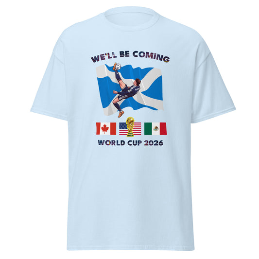 Light blue t-shirt with soccer-themed design and text on a white background
