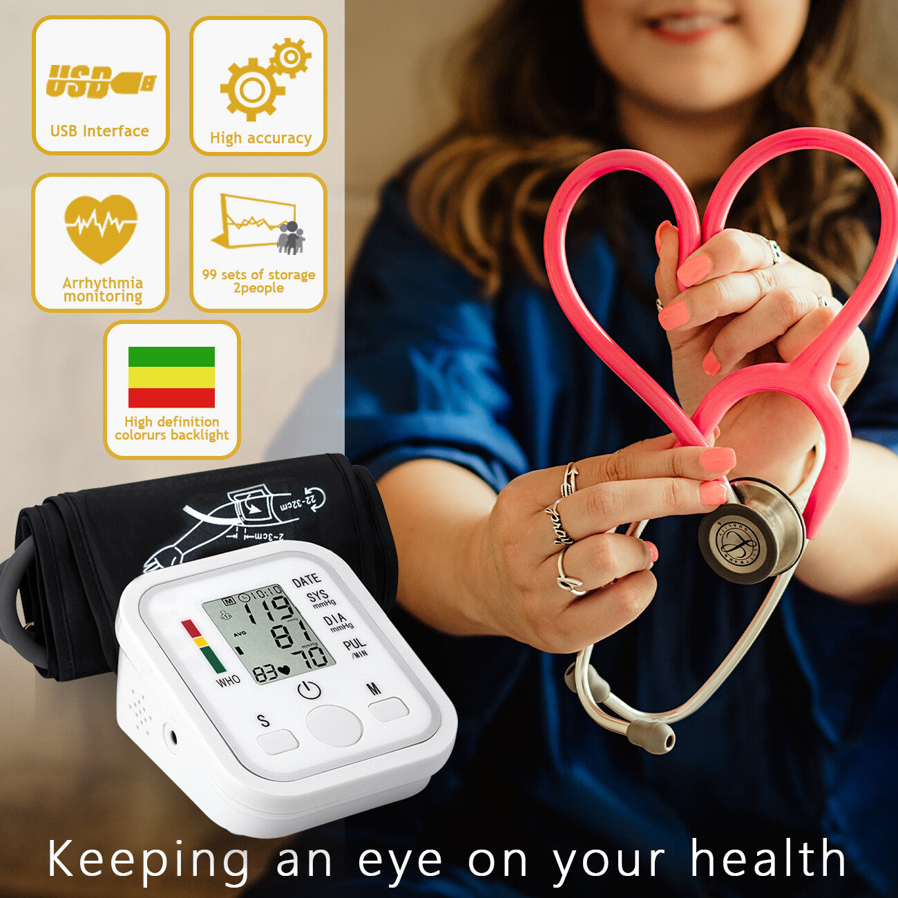 Person holding a stethoscope shaped like a heart next to a blood pressure monitor with product features displayed.