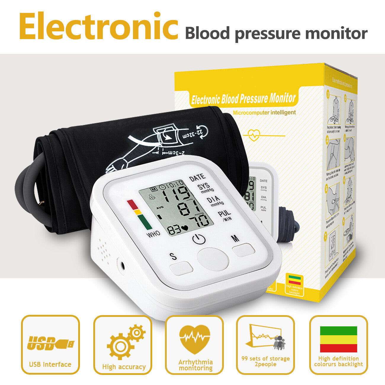 Electronic blood pressure monitor with packaging on a white background