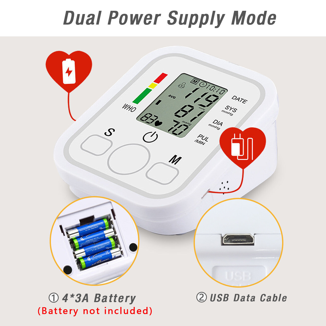 Blood pressure monitor with dual power supply mode illustration on a light background