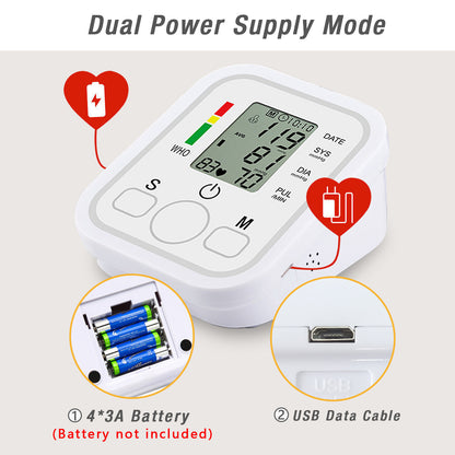 Blood pressure monitor with dual power supply mode illustration on a light background