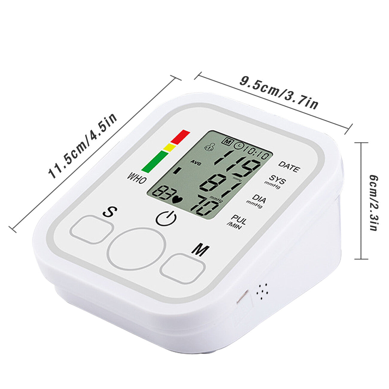 Digital blood pressure monitor with measurement details on a white background