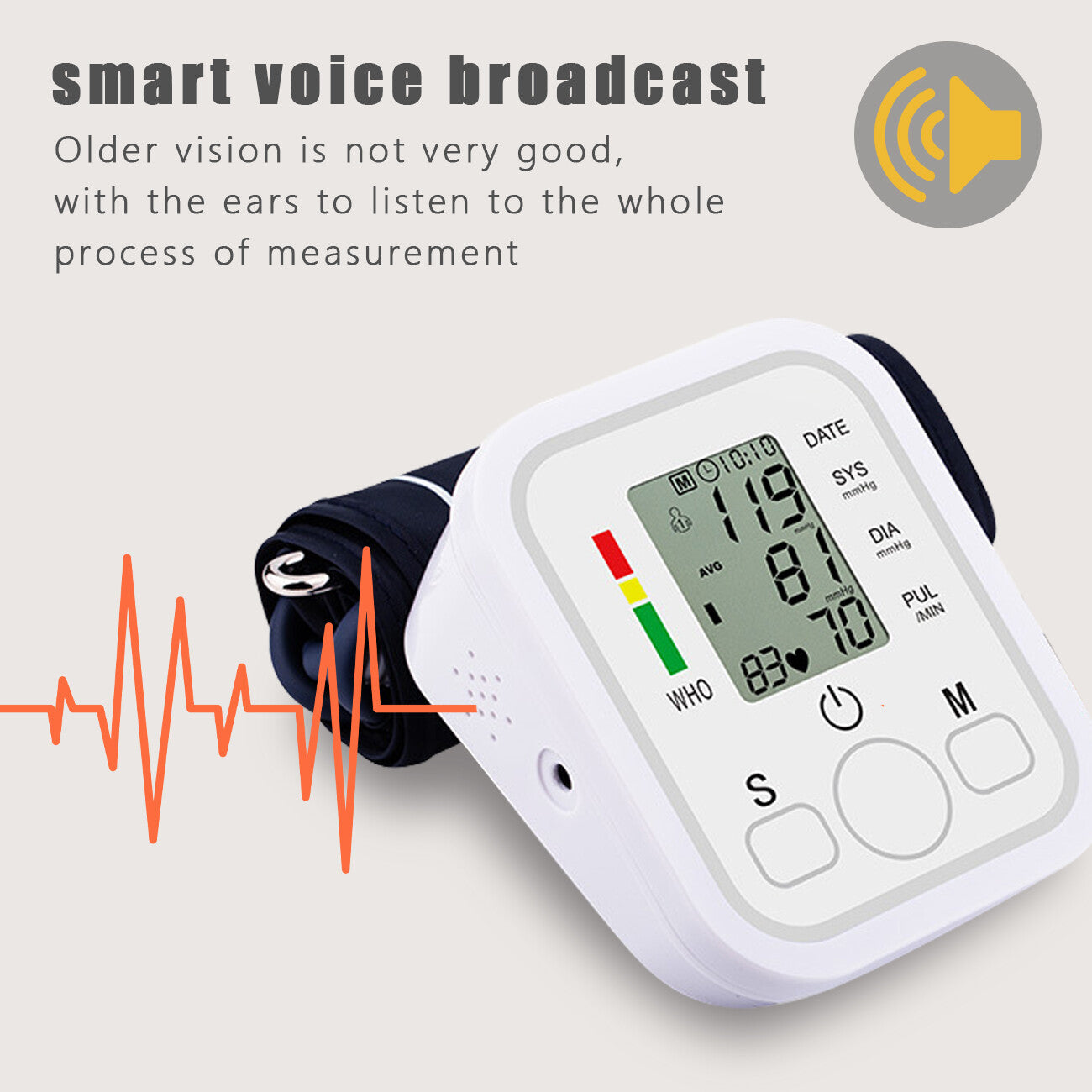 Blood pressure monitor with digital display on a light gray background