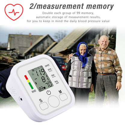 Blood pressure monitor with an elderly couple in the background