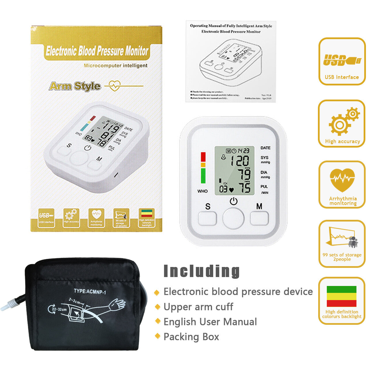 Electronic blood pressure monitor with packaging, cuff, and user manual on a white background