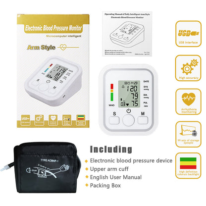 Electronic blood pressure monitor with packaging, cuff, and user manual on a white background