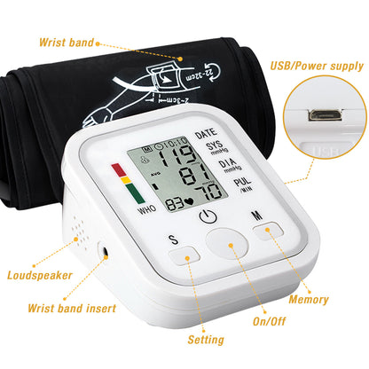 Digital blood pressure monitor with labeled parts on a white background