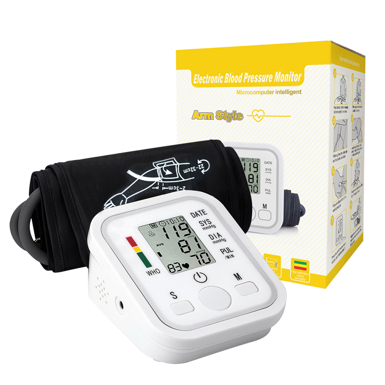 Electronic blood pressure monitor with arm style and packaging on a white background