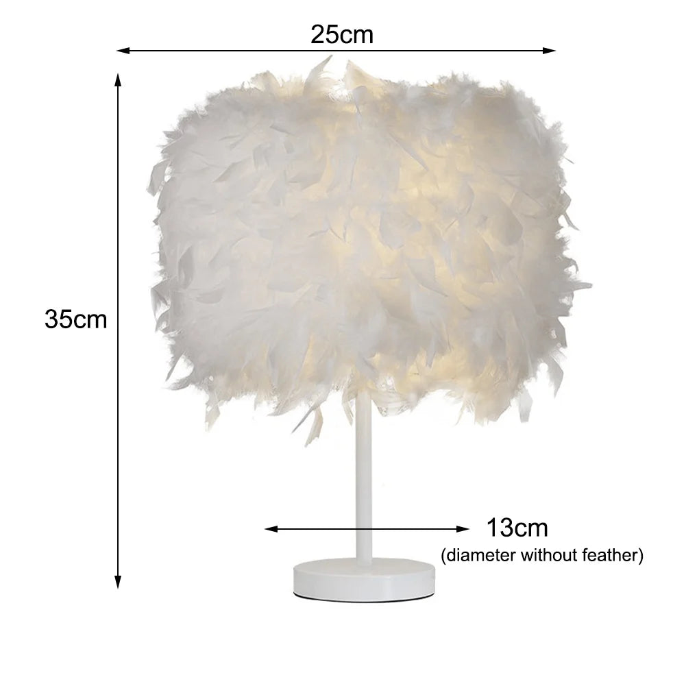 Feathered table lamp with dimensions indicated on a white background