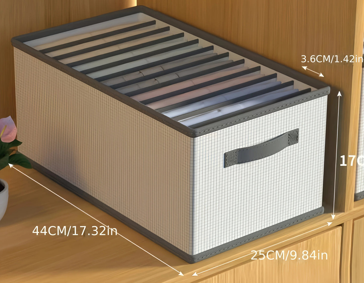Storage box with dimensions on a wooden surface