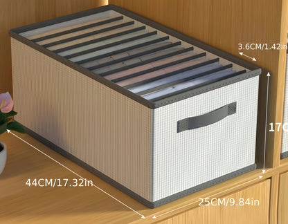 Storage box with dimensions on a wooden surface