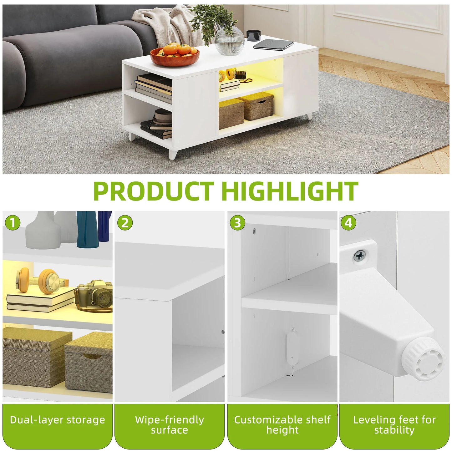 White coffee table with storage compartments in a living room setting, featuring product highlights.