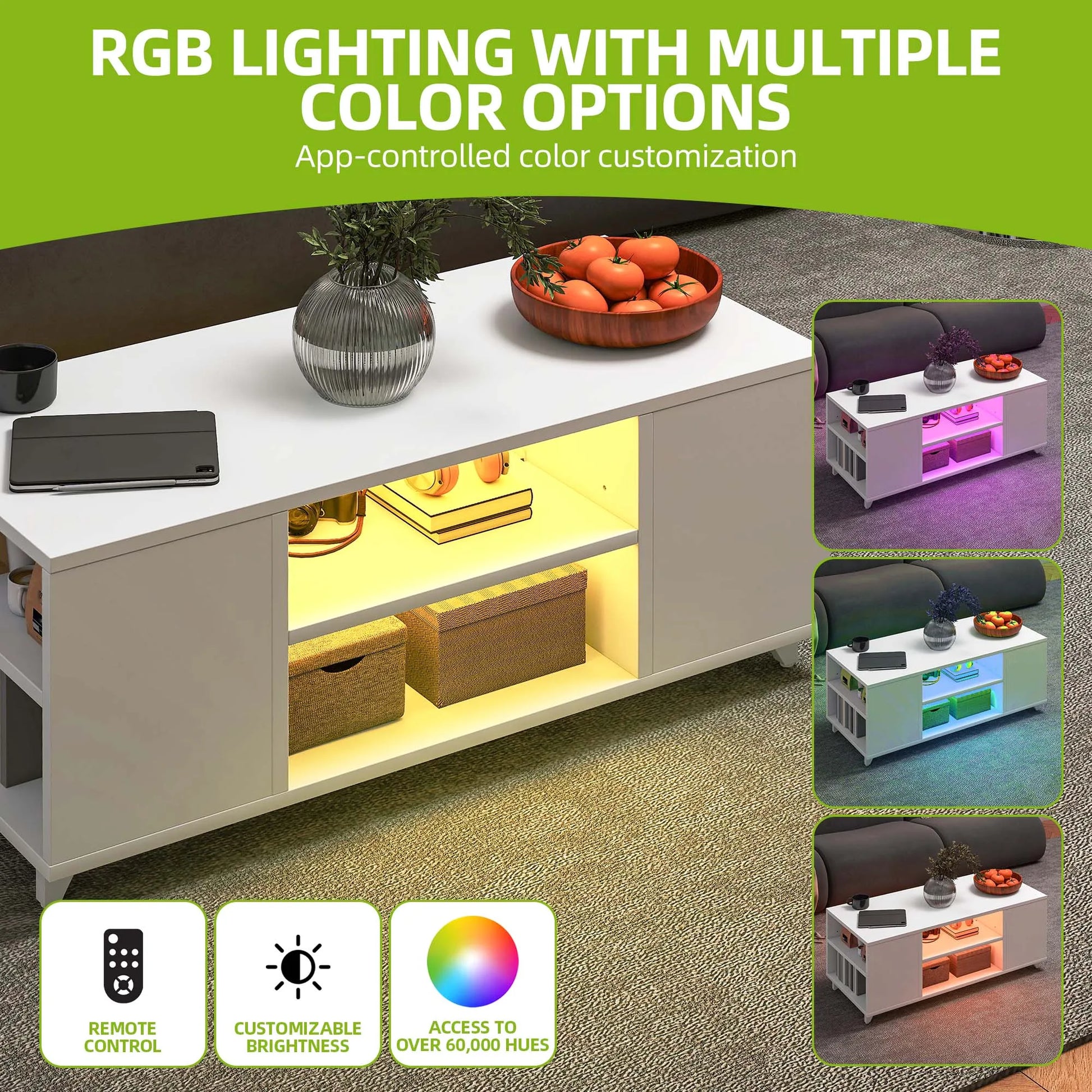 Modern living room setup with RGB lighting control features on a green background