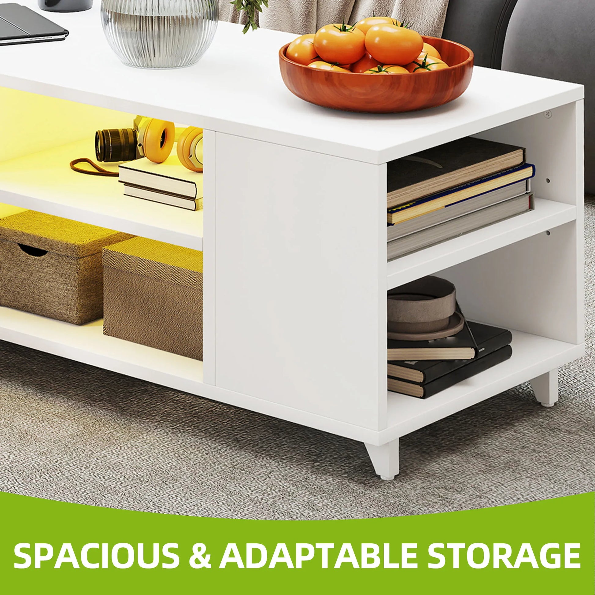 White storage cabinet with shelves and a bowl of oranges on a gray carpet.
