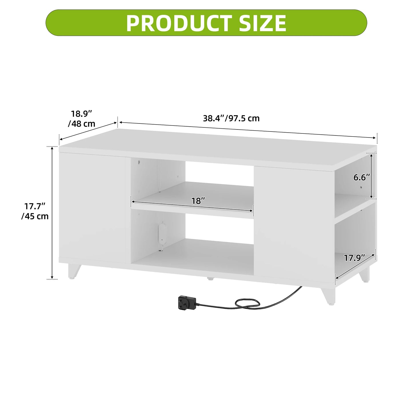 White TV stand with dimensions labeled on a white background