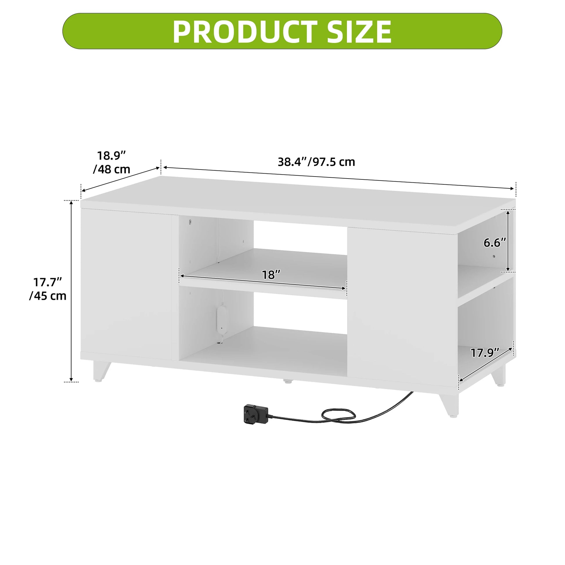 White TV stand with dimensions labeled on a white background
