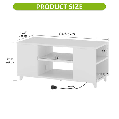 White TV stand with dimensions labeled on a white background
