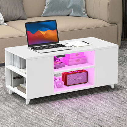 White coffee table with pink LED lighting displaying a laptop and decorative items in a living room setting.