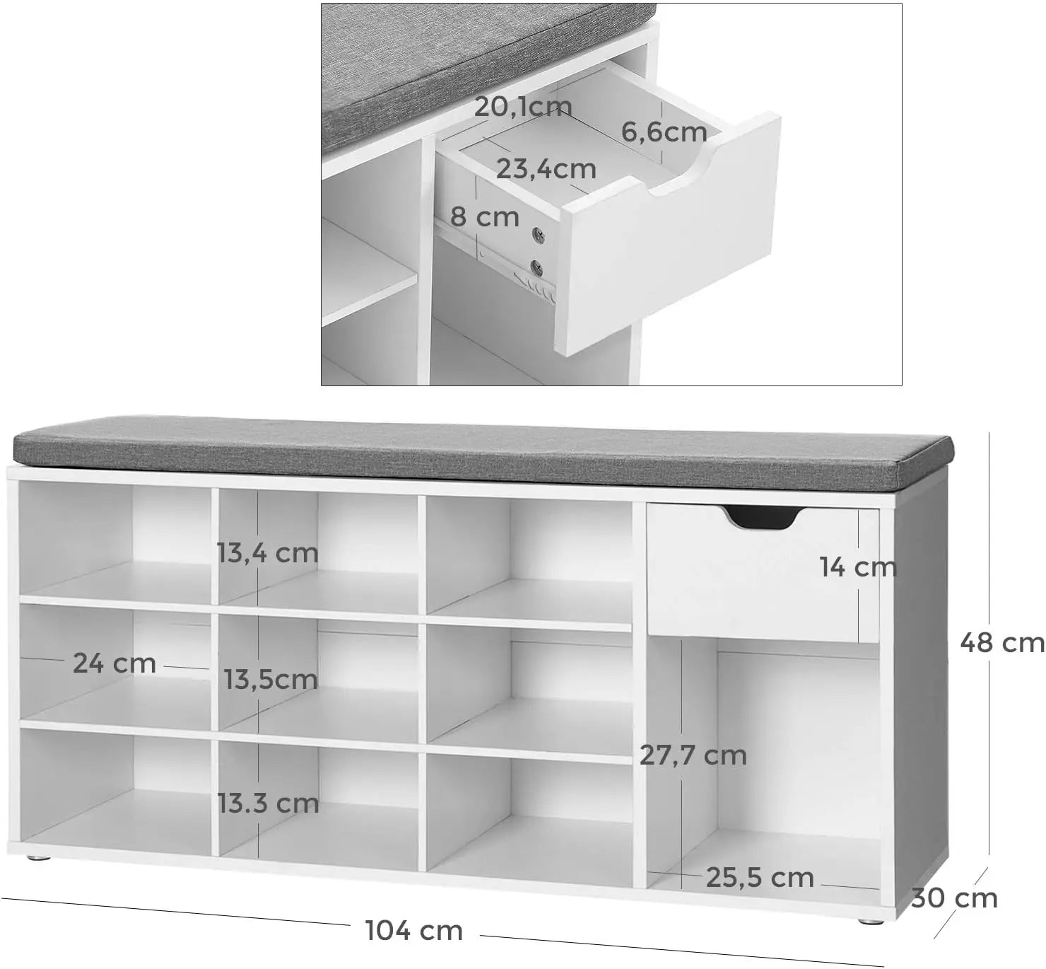 White storage bench with gray top and dimensions labeled