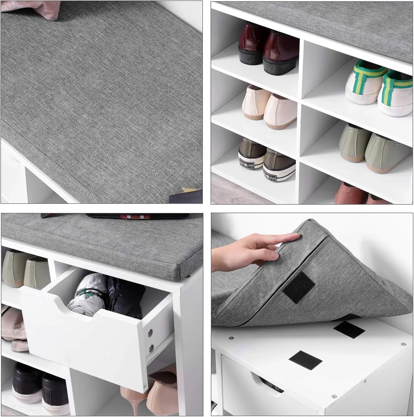 Collage of a shoe storage bench with various shoe arrangements.