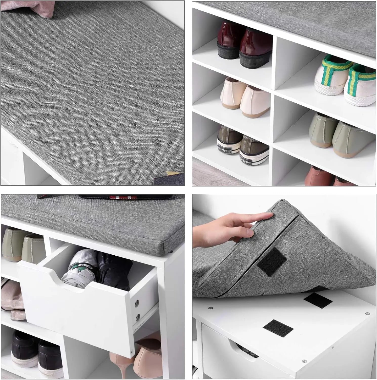 Collage of a shoe storage bench with various shoe arrangements.