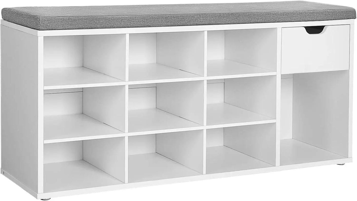 White storage bench with gray top and multiple shelves