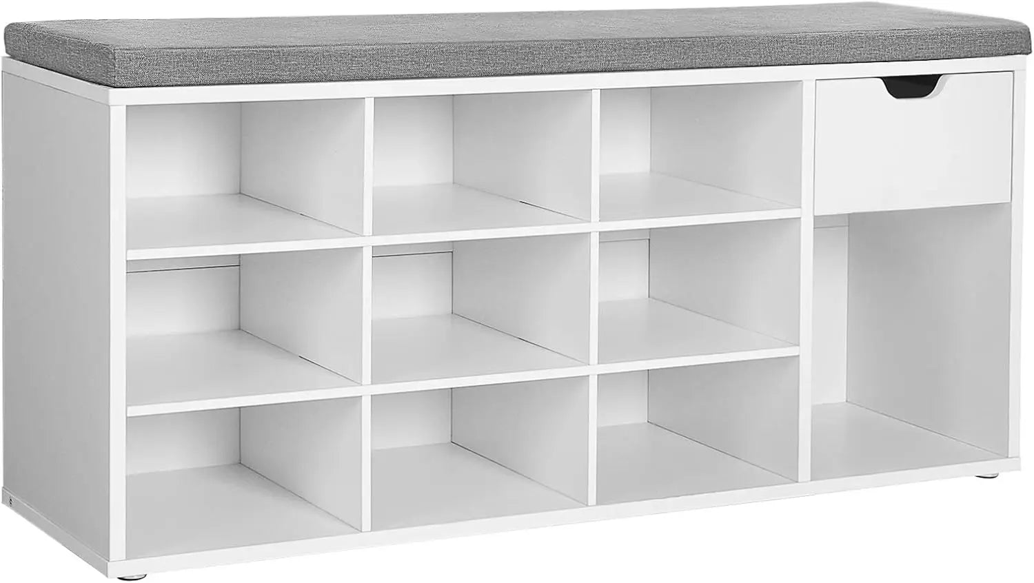 White storage bench with gray top and multiple shelves