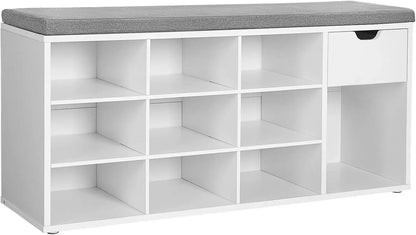 White storage bench with gray top and multiple shelves