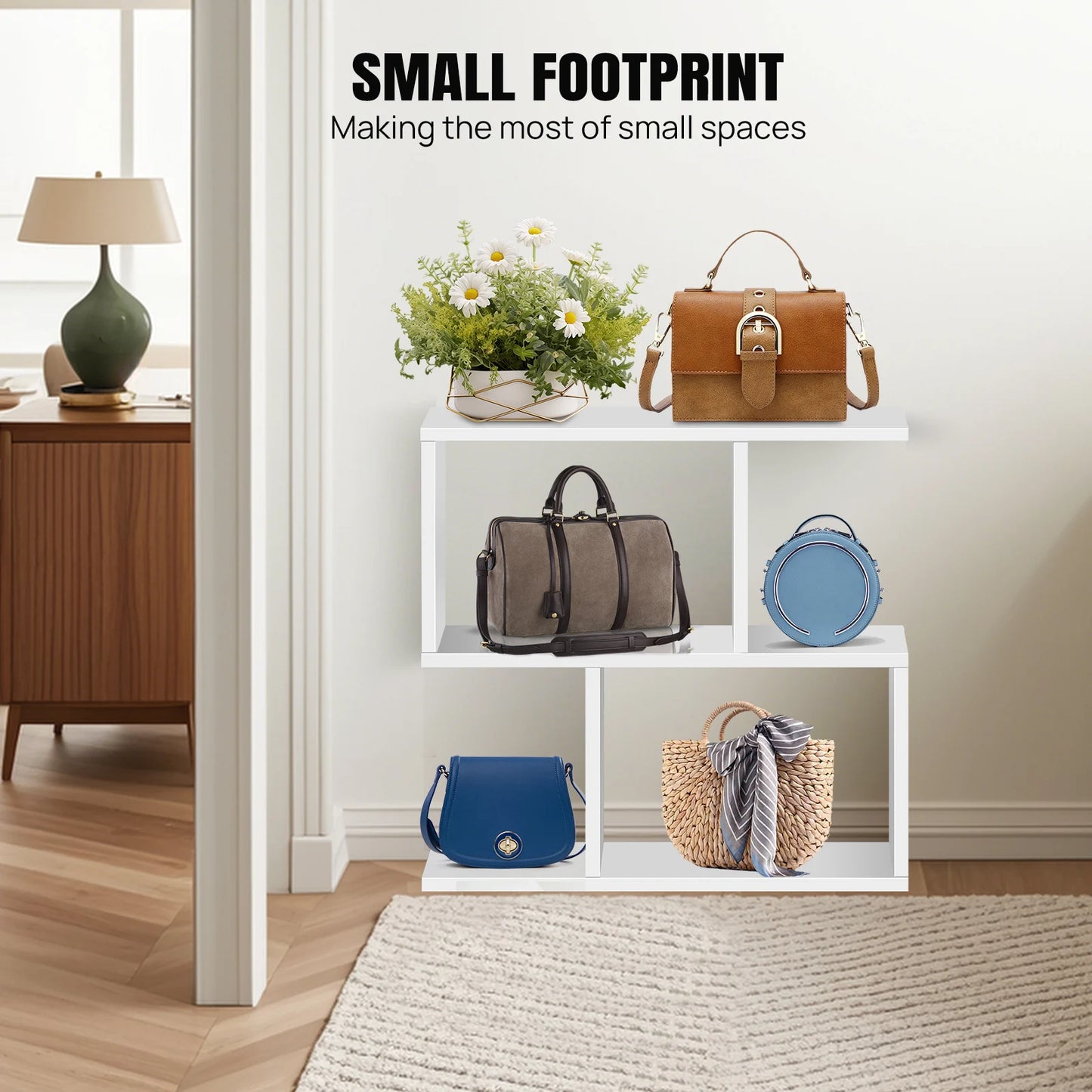 Small white shelf with handbags and a plant in a room setting, promoting efficient use of space.