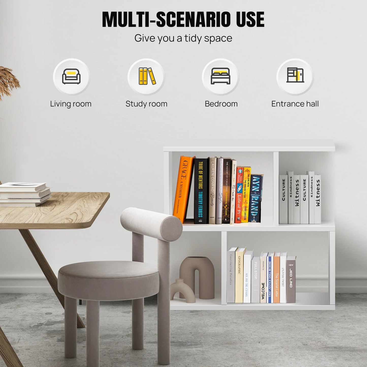 White bookshelf with books in a room setting, featuring text on multi-scenario use.