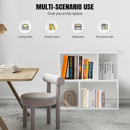 White bookshelf with books in a room setting, featuring text on multi-scenario use.