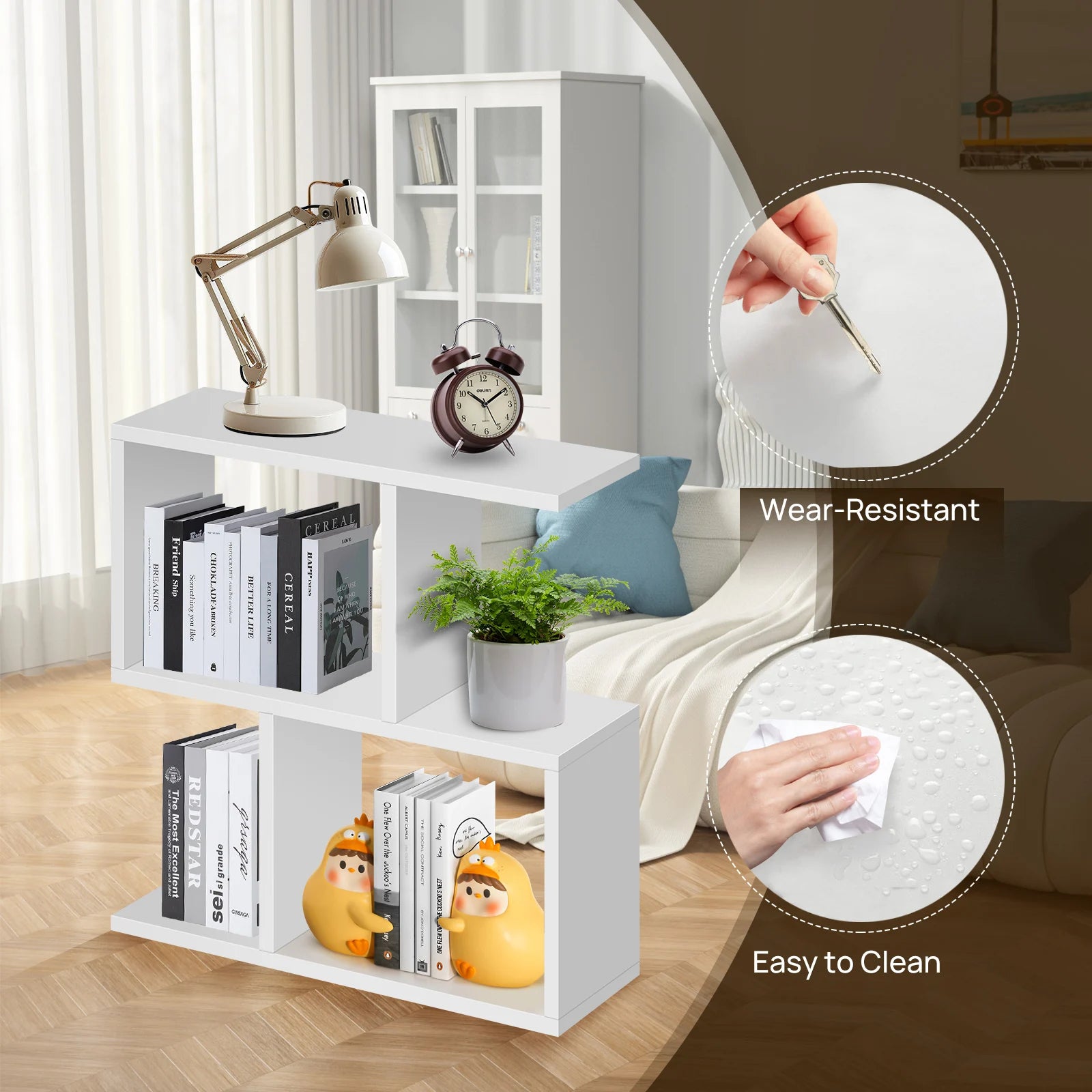 White bookshelf with books, a lamp, and decorative items in a room setting.