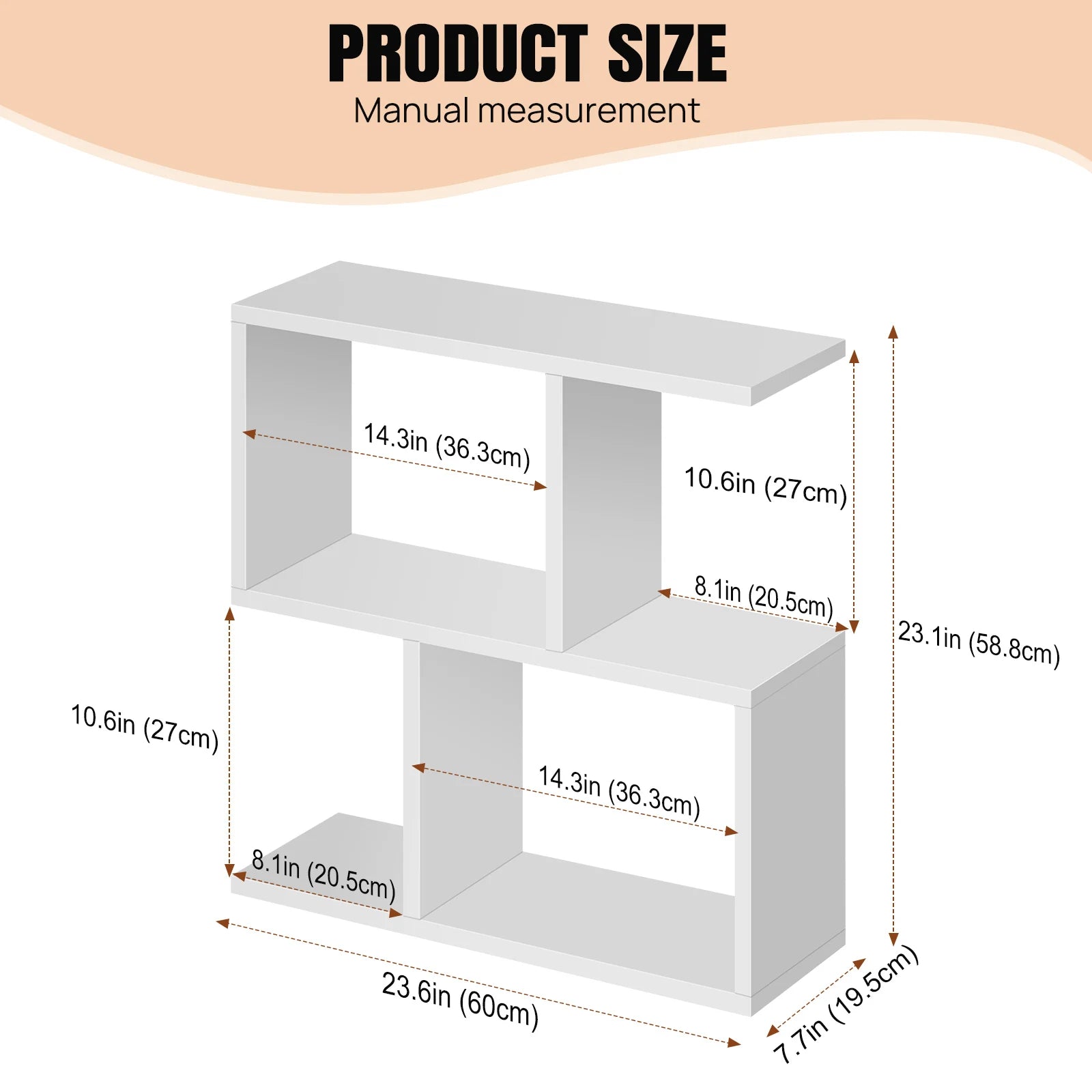 White bookshelf with dimensions labeled on a white background