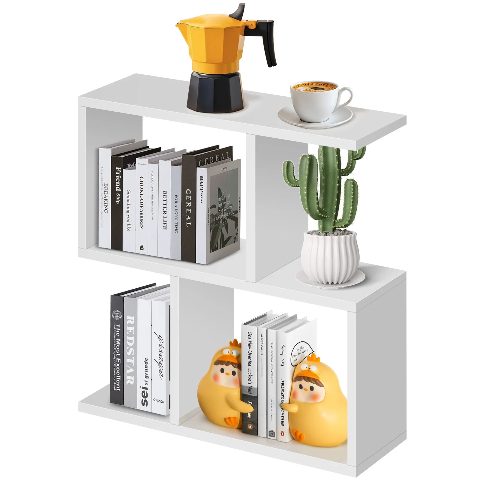 White bookshelf with books, a yellow coffee maker, a cactus plant, and decorative figures on a white background