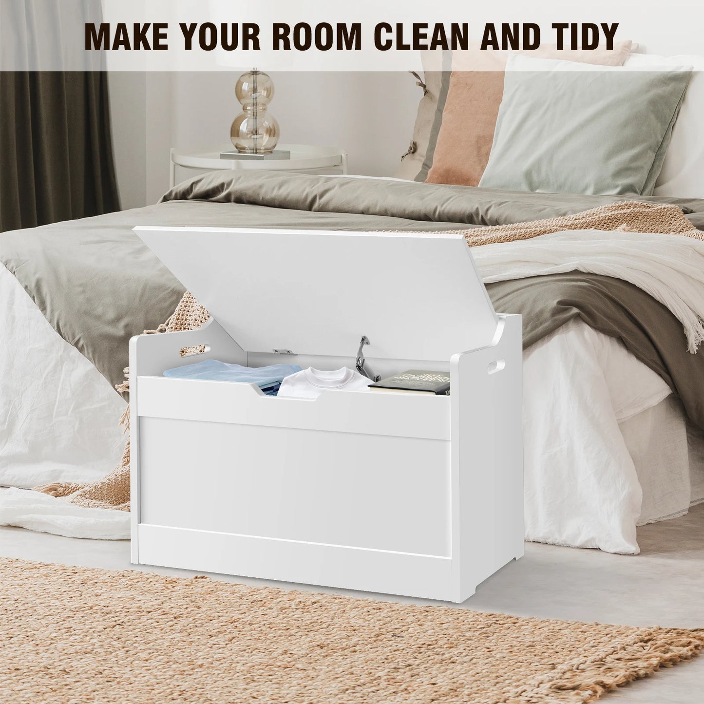 White storage ottoman in a bedroom with text 'Make Your Room Clean and Tidy'.