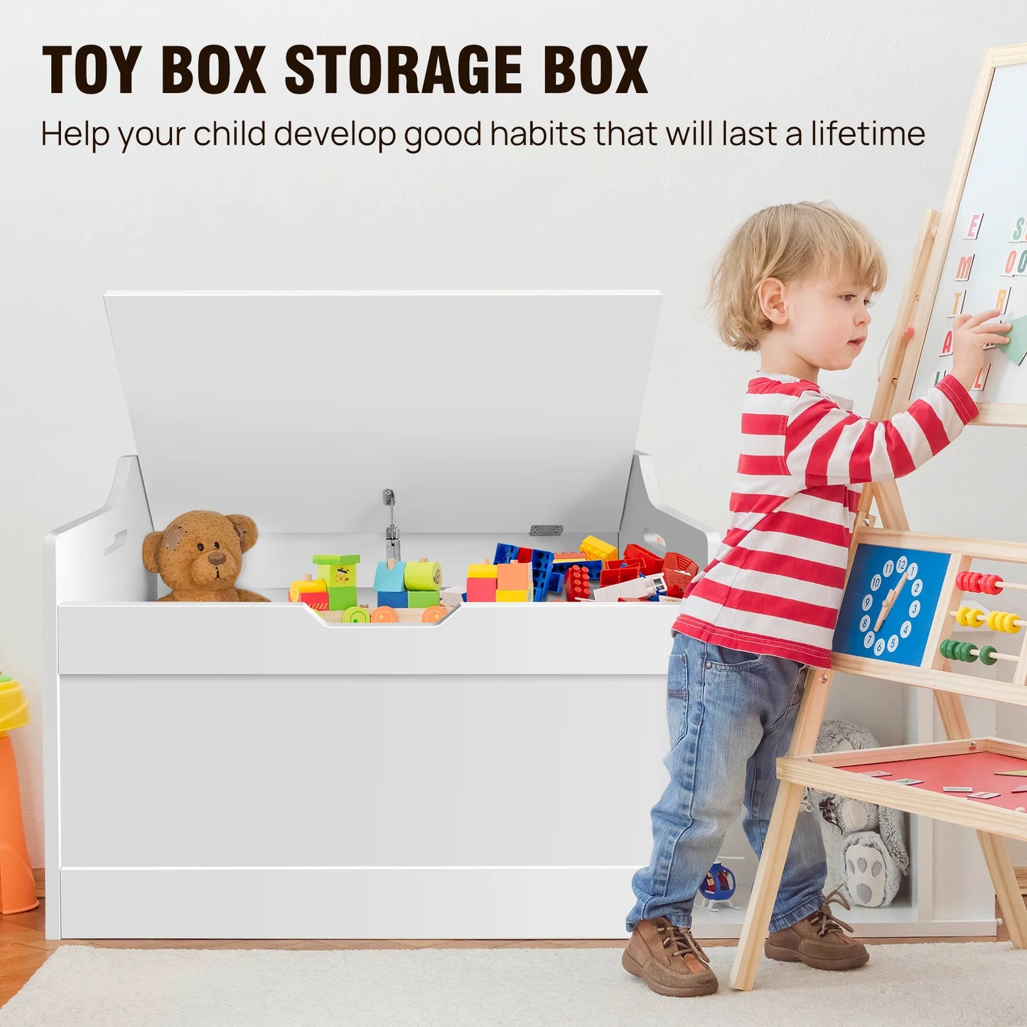 Child playing with toys in a toy box storage box, with text encouraging good habits.