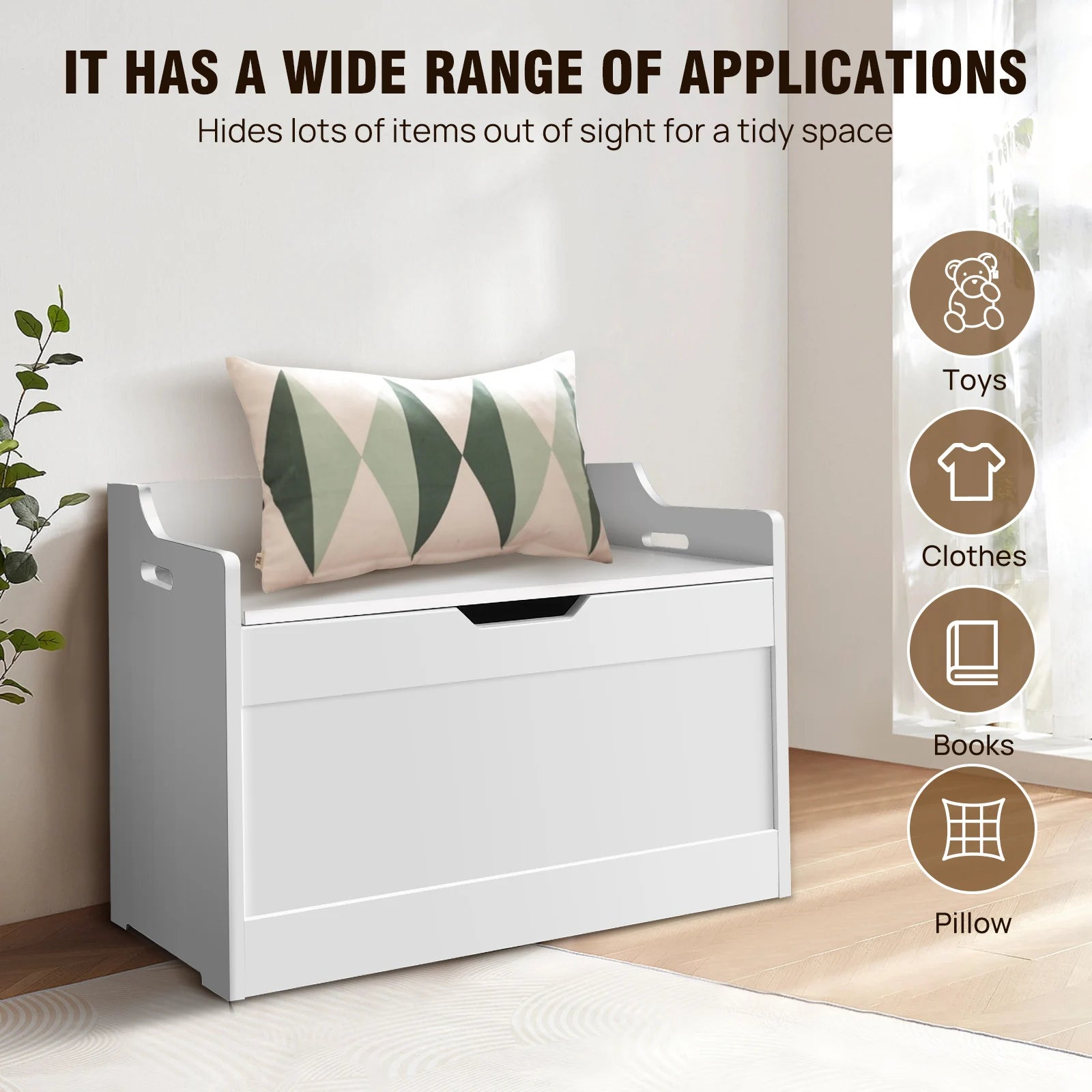 White storage bench with a pillow, surrounded by icons indicating its uses for toys, clothes, books, and pillows.