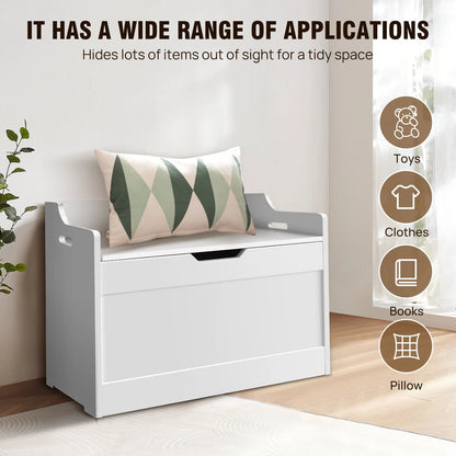 White storage bench with a pillow, surrounded by icons indicating its uses for toys, clothes, books, and pillows.