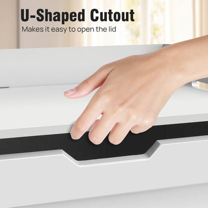 Hand demonstrating U-shaped cutout on a product lid with text overlay.