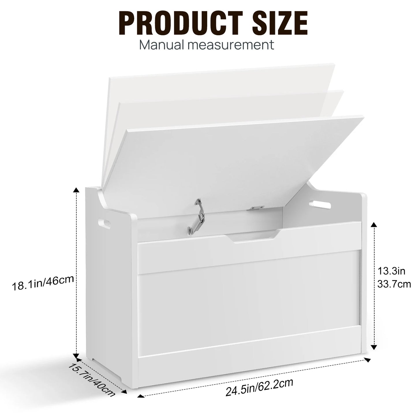 White storage bench with dimensions labeled on a white background