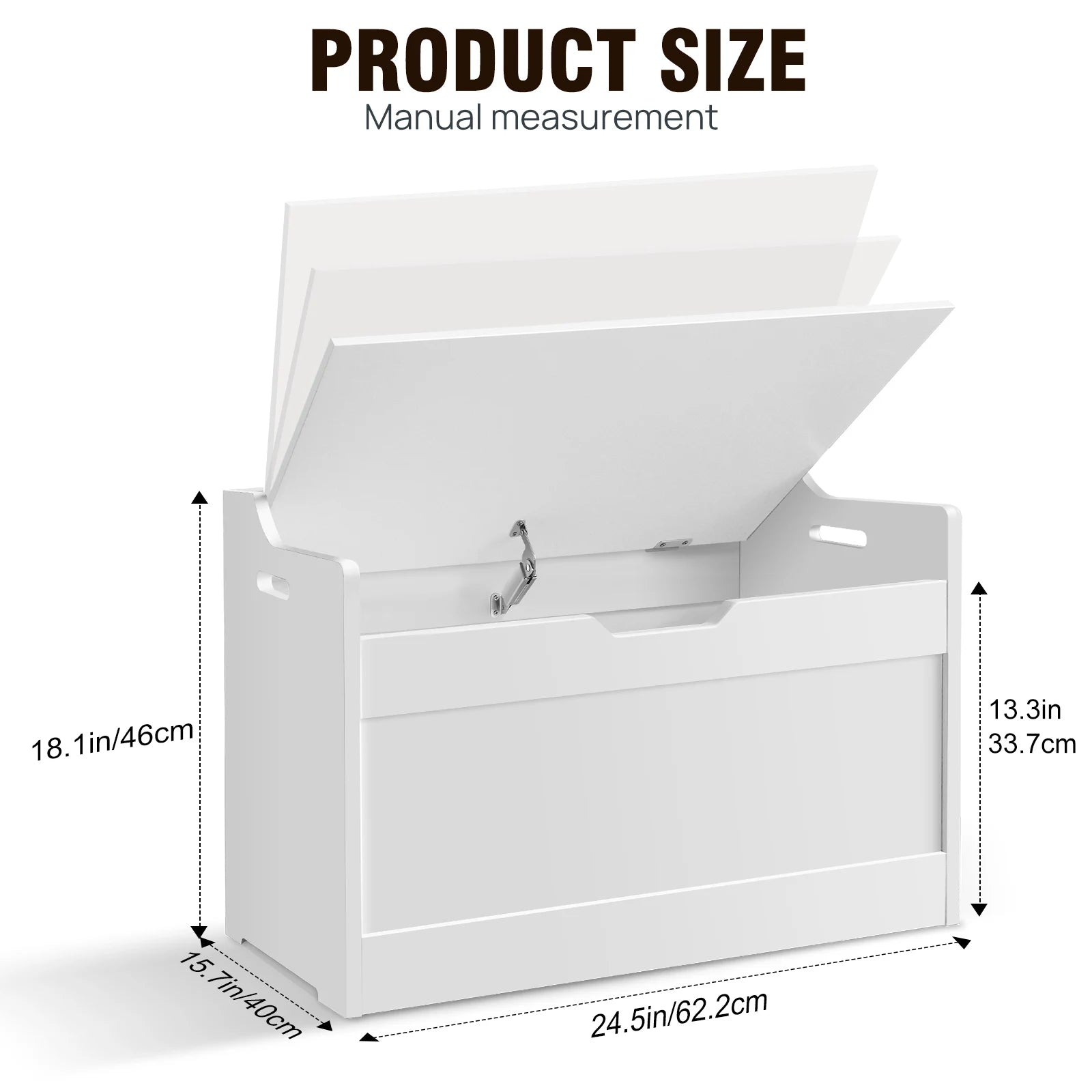 White storage bench with dimensions labeled on a white background