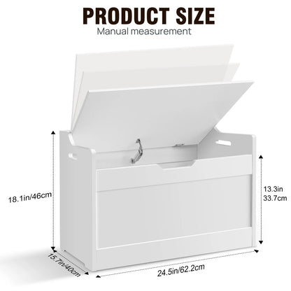 White storage bench with dimensions labeled on a white background
